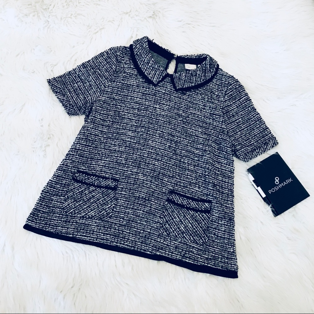 Anthropologie Black and White Tweed Short Sleeve Sweater Top